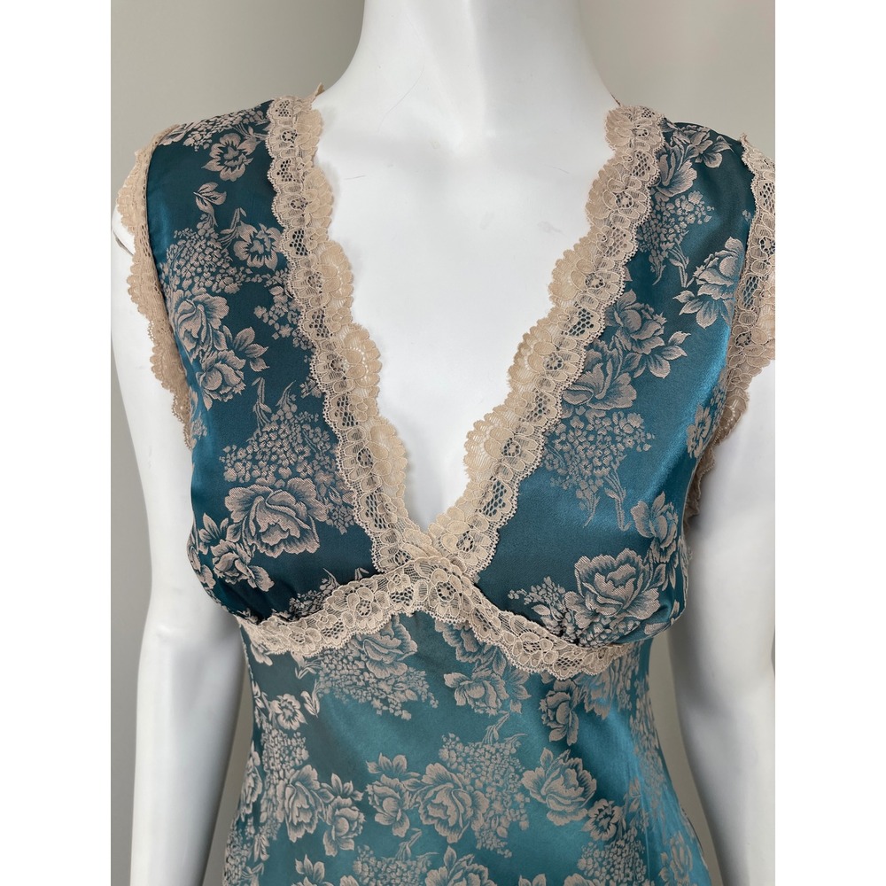 Teal Floral Satin Maxi Slip Dress Lace Trim M Y2K Whimsigoth Fairycore Ethereal - Picture 2 of 10